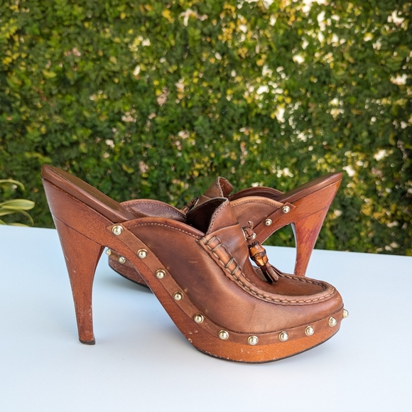 Gucci Brown Leather Mules with Metallic Gold Studs - Picture 4 of 13
